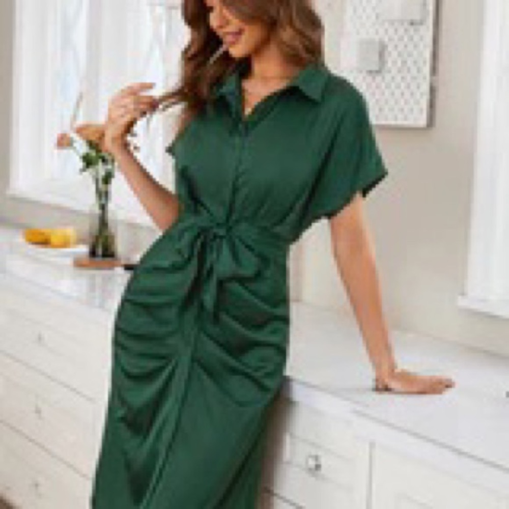 Green Belted Silk, Size Large Cupshe Dress